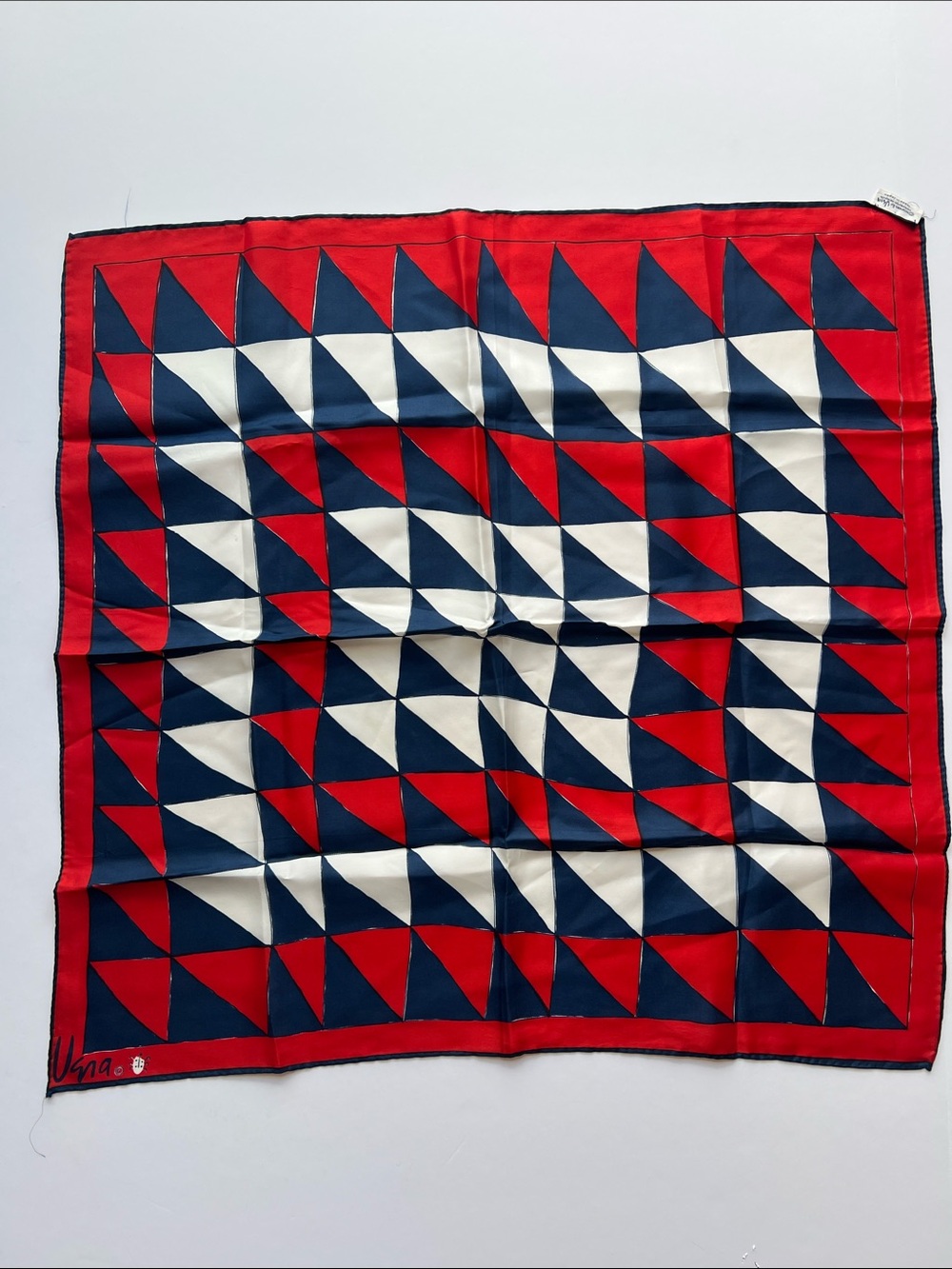 Vintage Vera Neumann Geometric Red Navy white Scarf made in Japan 22” square